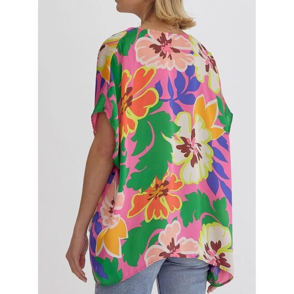 Entro Women’s Blouse  Oversized Colorful V-neck Size Medium Summer Casual - Picture 2 of 13